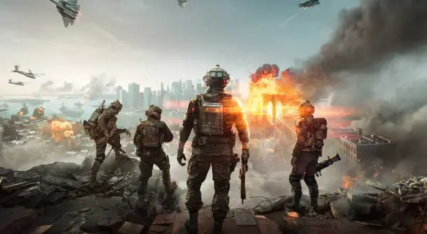 Żołnierze na tle płonącego miasta, samoloty bojowe i helikoptery w powietrzu. Scena z gry Battlefield 6.