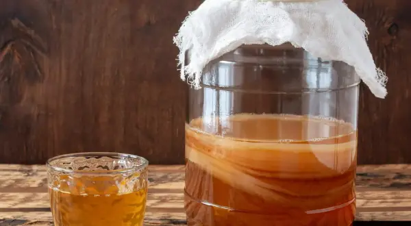 Szklanka z napojem i duży słój z warstwową kulturą SCOBY – tak wygląda domowa kombucha.