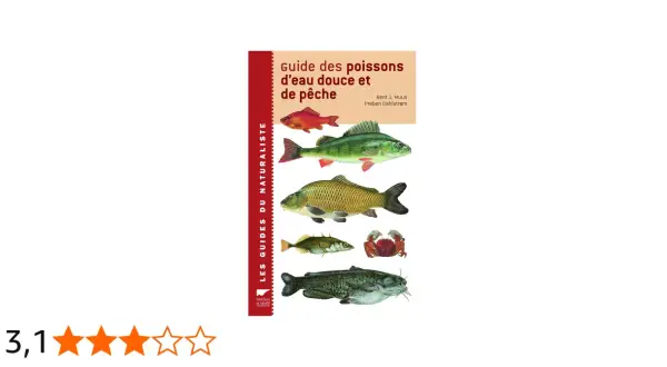 Guide des poissons d'eau douce et de pêche, illustrant un petit poisson de rivière, un perche, une carpe, un poisson-chat et un crabe.