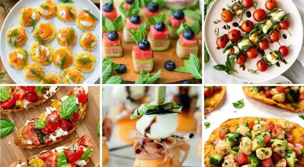 Kolorowe przekąski na grilla: mini tartinki z łososiem, szaszłyki z arbuzem i borówkami, caprese na patyczkach, bruschetty z pomidorami i mozzarellą, melon z prosciutto i mozzarellą, mini quesadillas.