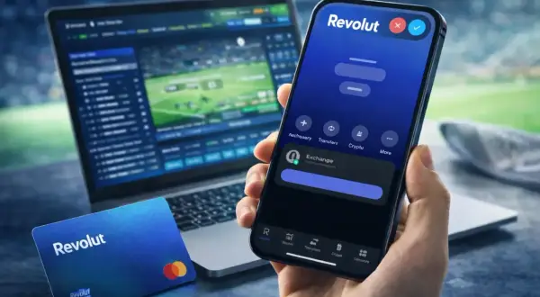 Telefon z aplikacją Revolut w dłoni, obok karta Revolut i laptop z ekranem gry. Dowiedz się, jak płacić telefonem Revolut.