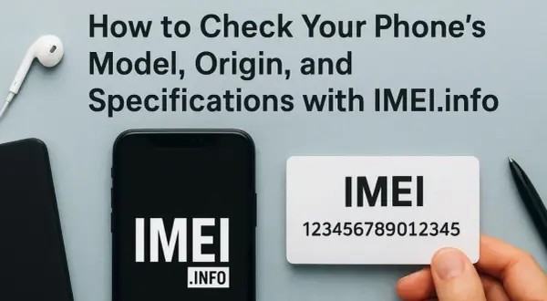 Sprawdź model telefonu, pochodzenie i specyfikacje za pomocą IMEI.info. Na zdjęciu widać smartfon, słuchawki i kartę z numerem IMEI.