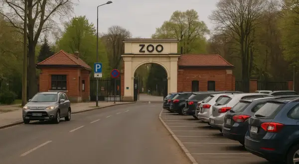 Autos parken vor dem ZOO-Eingang in Breslau.