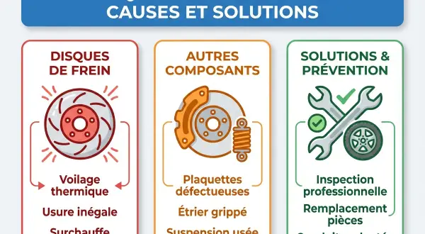Illustration expliquant les causes du volant qui tremble au freinage : voilage, usure, surchauffe des disques, plaquettes défectueuses, étrier grippé, suspension usée. Solutions : inspection, remplacement, conduite adaptée.