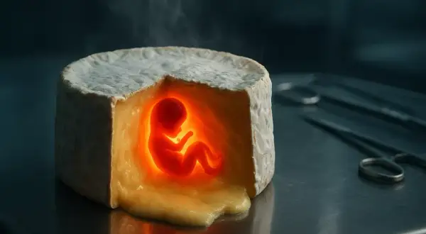 Un embryon lumineux est niché au cœur d'un brie de Meaux, comme une nouvelle vie en gestation.