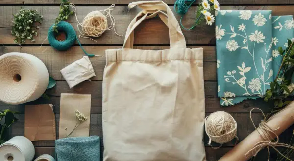 Materiali per creare borse fai da te: tela grezza, tessuti stampati, spago e fili colorati.