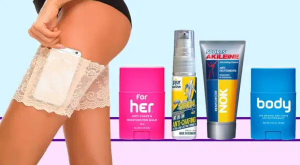 Protector de muslos de encaje con bolsillo para móvil y productos para prevenir rozaduras en los muslos.