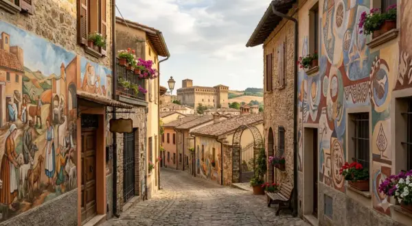 Un pittoresco borgo dei murales con case colorate, un castello in lontananza e un vicolo acciottolato.