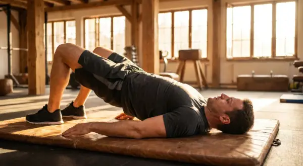 Man performing a glute bridge exercise in a sunlit gym. This exercise strengthens the glutes and hamstrings, showing the "neck bridges before after" transformation for better posture.