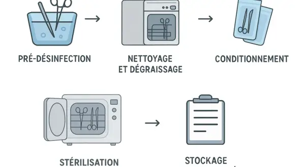 Schéma des étapes de stérilisation : pré-désinfection, nettoyage, conditionnement, stérilisation (pas dans l'eau bouillante), stockage.