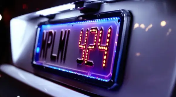 Plaque d'immatriculation personnalisée avec éclairage LED bleu et orange. Le dispositif d'éclairage doit rendre la plaque d'immatriculation visible à tout moment.