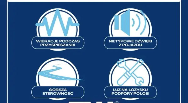 Objawy uszkodzenia łożyska podpory półosi: wibracje, nietypowe dźwięki, gorsza sterowność, luz.