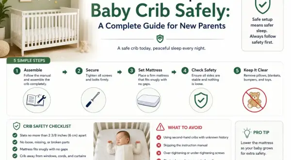 Guide on how to set up a baby crib safely, covering assembly, securing, mattress placement, safety checks, and keeping it clear.