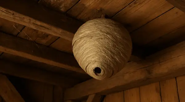 Stort getingbo hänger från träbjälkar. Kanske dags att ta bort getingbo med vatten?