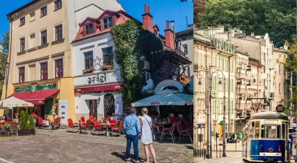 En reseguide till Krakow visar charmiga kaféer med uteserveringar och en spårvagn som passerar vackra byggnader.