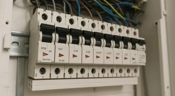 Panel z bezpiecznikami, w tym B16. Dowiedz się, jak podłączyć bezpiecznik B16, aby zapewnić bezpieczeństwo instalacji elektrycznej.