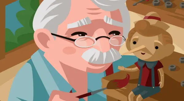 Gepetto pinta a Pinocho, su creación de madera, en su taller. Un cuento corto de ilusión.