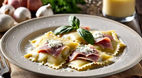Assiette de ravioli maison garnis de jambon et de fromage, décorés de basilic frais.