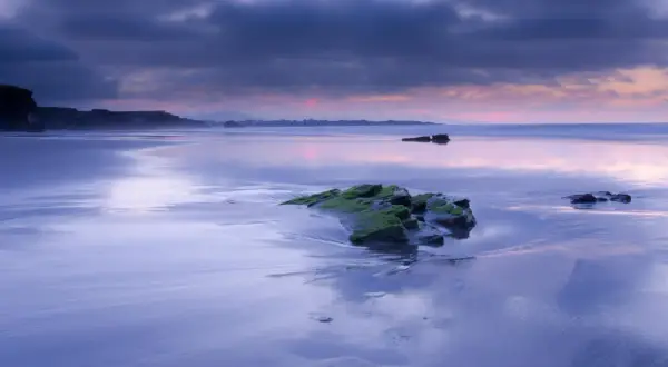 Reflejos púrpuras en la playa de Foz al amanecer. Rocas cubiertas de musgo emergen de la arena mojada, bajo un cielo dramático.