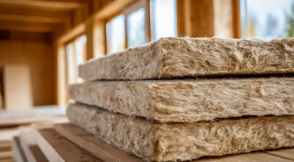 Pannelli isolanti in fibra di legno, ideali per un cappotto interno spessore minimo, pronti per l'installazione in una casa in costruzione.