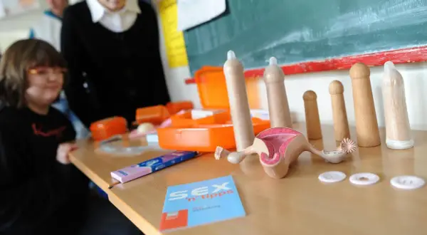 Lehrmaterialien für Sexualkunde in der Grundschule: Modelle von Geschlechtsorganen, Kondome und ein Ratgeber.