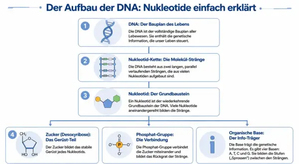 Der Aufbau der DNA: schematische Darstellung der DNA-Doppelhelix, Nukleotid-Ketten, Nukleotide und deren Bestandteile (Zucker, Phosphat, organische Base).