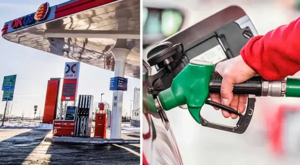 En hand håller en pump vid en OKQ8-mack. Bensinbilar framtid – en bild av dagens verklighet, men hur ser framtiden ut?