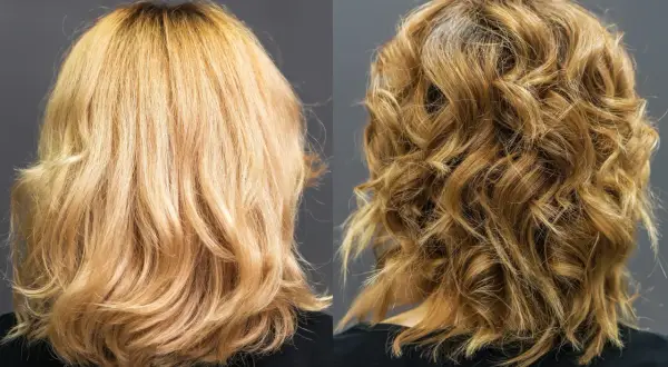 Przed i po: jak naturalnie przyciemnić włosy. Złociste blond włosy stają się głębszym, miodowym odcieniem.