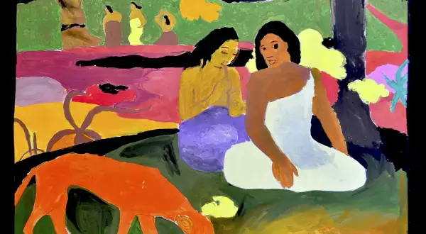 Due donne sedute in un giardino lussureggiante, con un cane arancione che annusa a terra. Un'opera che sembra ispirata a dipinti ad olio da copiare, con colori vivaci e uno stile primitivo.