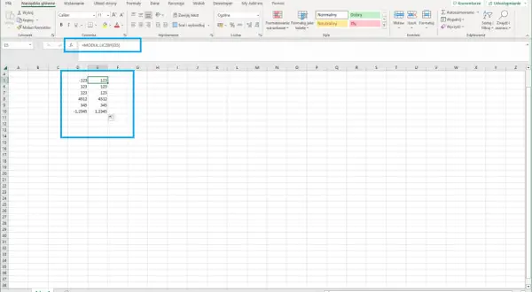 Wartość bezwzględna w Excelu: formuła =MODUŁ.LICZBY(D5) oblicza wartość bezwzględną liczby z komórki D5.