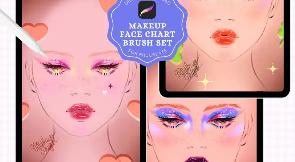 Face charty do Procreate z makijażem inspirowanym NYX. Różowe, zielone i fioletowe cienie do powiek, błyszczące usta.