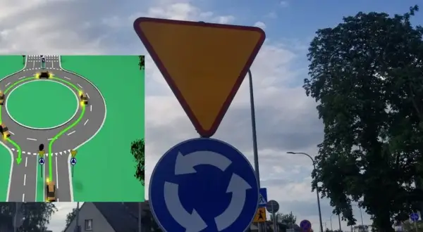 Schemat ruchu na rondzie z zielonymi strzałkami pokazuje, jak prawidłowo używać kierunkowskazu na rondzie.