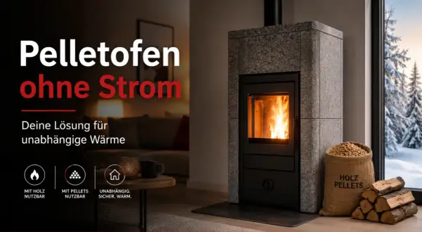 Moderner Pelletofen, der ohne Strom funktioniert. Ideal für unabhängige Wärme, auch bei Stromausfall. Holz und Pellets als Brennstoff.