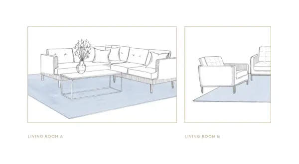 Wohnzimmer A zeigt eine Couch mit Couchtisch auf einem Teppich. Wohnzimmer B zeigt zwei Sessel, die Frage: Teppich unter Couchtisch ja oder nein?