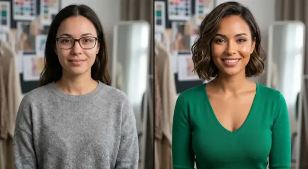 Przed i po: zmiana fryzury i makijażu podkreśla kształty, tworząc efektowny wygląd.