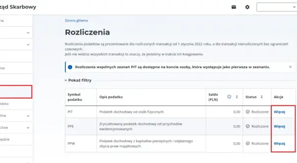 Na stronie e-Urzędu Skarbowego widzisz sekcję "Rozliczenia", gdzie znajdują się podatki PIT, PPE i PPW. Kliknij "Więcej", by dowiedzieć się, pit 4r co to jest.