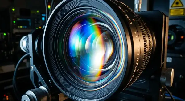 Obiektyw aparatu z tęczowymi refleksami, ukazujący, czym jest aberracja chromatyczna.