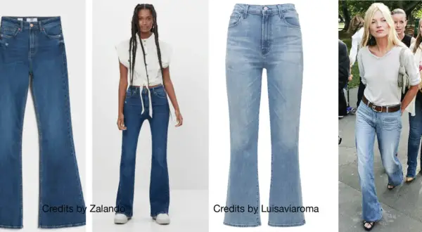 Jeans a zampa, il **wide leg significato** è un ritorno di stile. Vediamo modelli da Zalando, Luisaviaroma e Kate Moss.