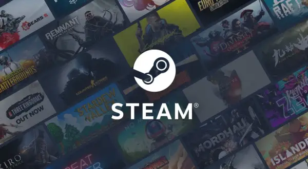 Logo Steam na tle okładek gier komputerowych.