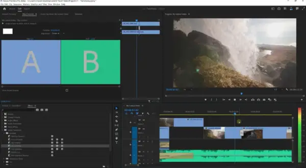 Adobe Premiere Pro showing how to install transitions in Premiere Pro, with "Dip to White" selected in the Effects panel.