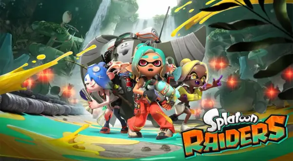 Vier bunte Inklinge mit Waffen, bereit für den nächsten Nintendo Direct. Splatoon Raiders im Kampf.