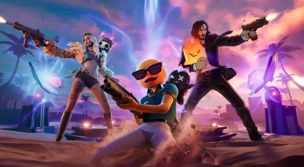 Charaktere aus Fortnite Season 3 kämpfen auf einer tropischen Insel. Ein Enten-Charakter mit Sonnenbrille und Schrotflinte ist im Vordergrund.