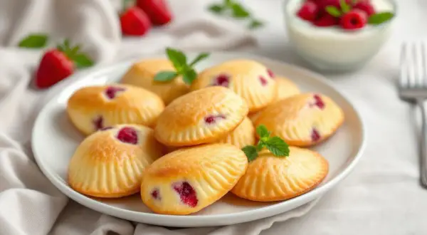 Assiette de biscuits madeleine framboise, décorés de feuilles de menthe. Des fraises et un bol de yaourt aux framboises sont en arrière-plan.