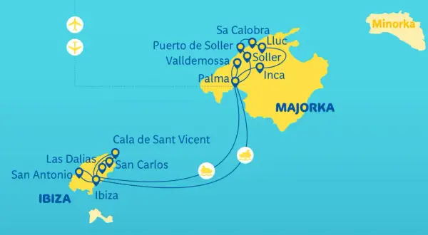 Mapa pokazuje podróż na Ibizę, Majorkę i Minorkę. Samoloty i statki łączą wyspy.