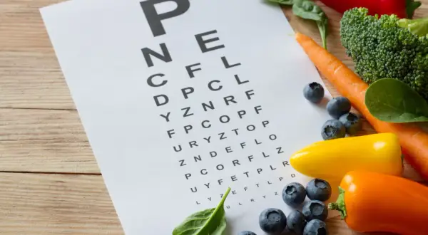 Tablica optometryczna z warzywami i owocami: marchew, brokuły, papryki, jagody, szpinak.
