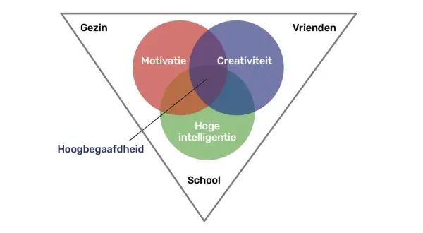 Verschil hoogbegaafd en hoogintelligent: een model met drie cirkels (Motivatie, Creativiteit, Hoge intelligentie) binnen een driehoek (Gezin, Vrienden, School).