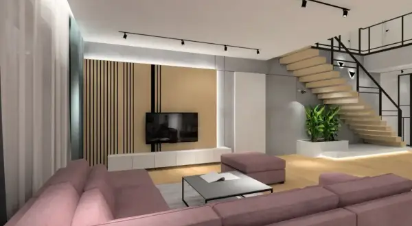 Nowoczesny salon z różową kanapą, stolikiem kawowym i schodami. Nad telewizorem zamontowano dyskretne lampy, które podkreślają jego centralne położenie.