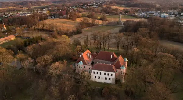 Zamek w Dębnie otoczony drzewami, w tle pagórkowaty krajobraz o zachodzie słońca.