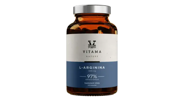 Szklana butelka z suplementem diety L-Arginina 1200 mg. W czym jest arginina? W kapsułkach, które wspierają organizm.