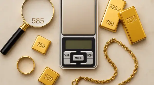 Złoto 14 karatowe jaka to próba? Na wadze cyfrowej i pod lupą widać oznaczenia 585, 750, 580, 999.9.